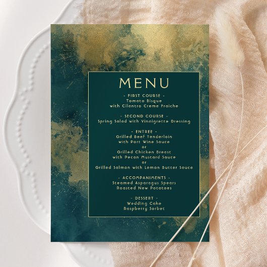 Menu Mariage Abstrait Aquarelle Sarcelle Or