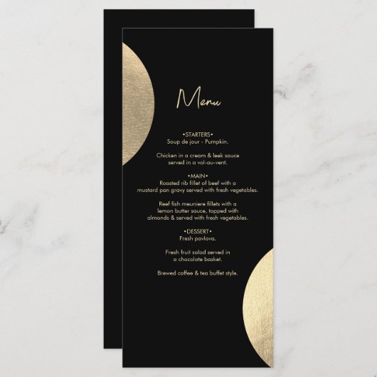 Menu Mariage Abstrait moderne Noir & Or contemporain (Devant / Derrière)