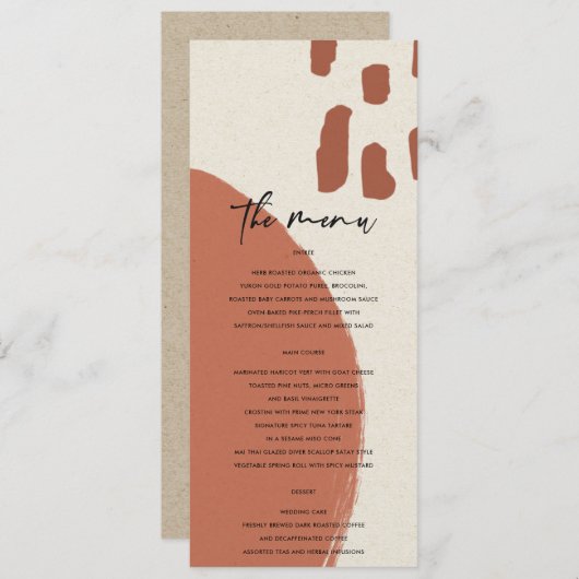 MENU MARIAGE ABSTRAIT MODERNE TERRACOTTA RED KRAFT (Devant / Derrière)