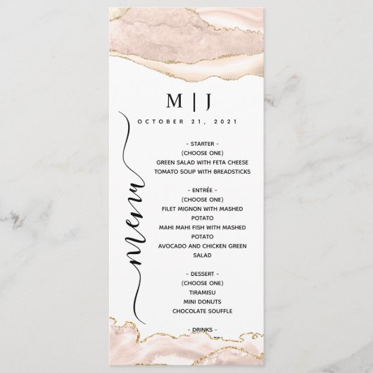 Menu Mariage Agate Blush & Gold Parties scintillant (Devant)