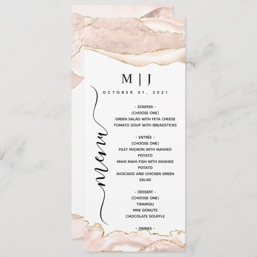 Menu Mariage Agate Blush & Gold Parties scintillant (Devant / Derrière)