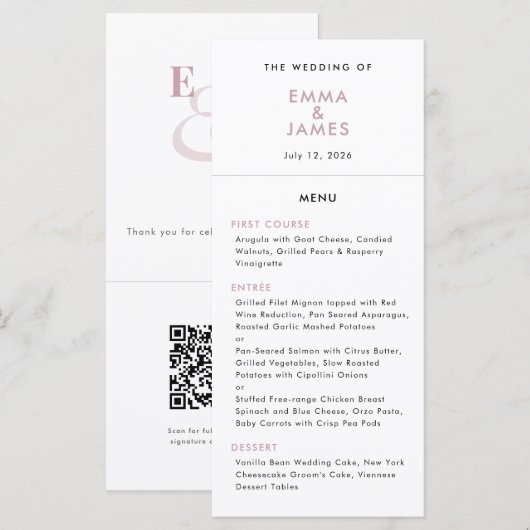 Menu Mariage Ampersand Mauve | Code QR | Élégant (Devant / Derrière)