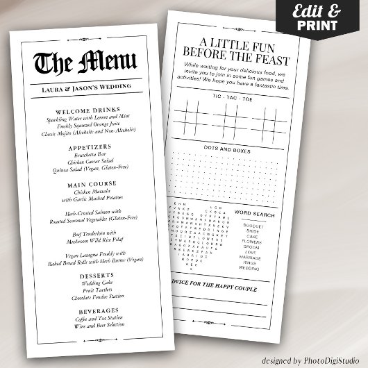 Menu Mariage amusant avec Jeu Mariage Journal