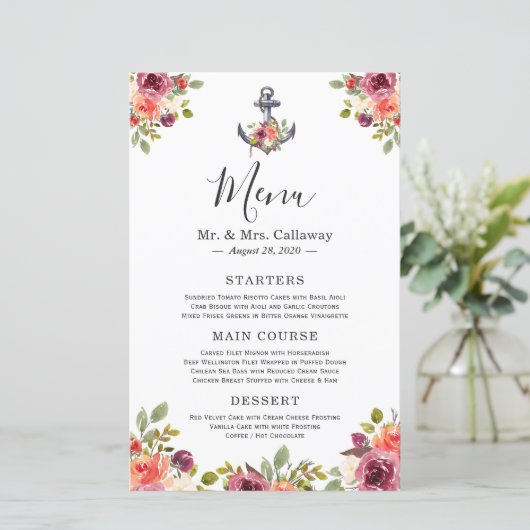 Menu mariage Ancre marine Floral Navy Blue (Debout devant)