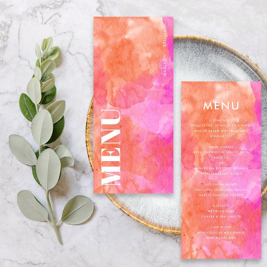 Menu Mariage Aquarelle Abstrait Rose et Orange Gras