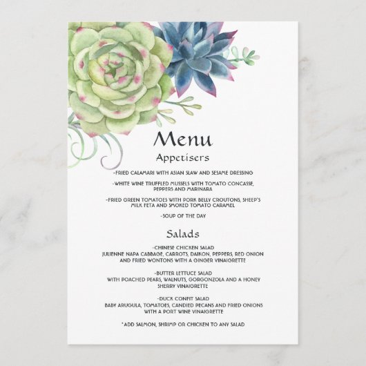 Menu Mariage aquarelle cactus succulents désertiques (Devant)