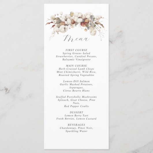 menu mariage aquarelle coton doux et eucalyptus (Devant)