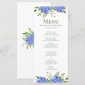 Menu Mariage Aquarelle Florale aux Hortensias Bleus (Devant / Derrière)