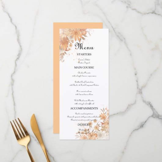 Menu Mariage Aquarelle Florale Rustique d'Automne (Devant/Arrière en situation)