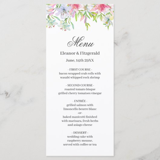 Menu Mariage Aquarelle Lilies (Devant)