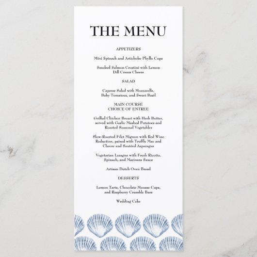 Menu Mariage aquarelle moderne bleu côtier plage (Devant)