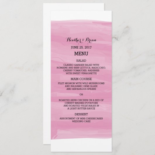Menu Mariage Aquarelle rose (Devant / Derrière)