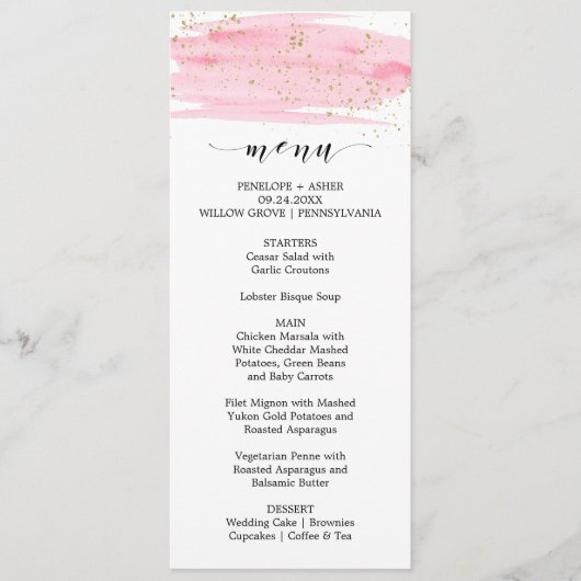 Menu Mariage Aquarelle Rose Blush & Gold Sparkt (Devant)