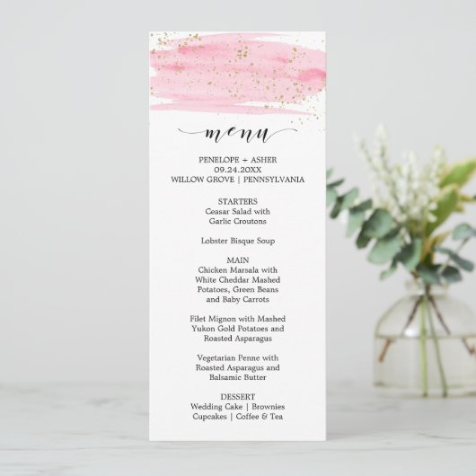 Menu Mariage Aquarelle Rose Blush & Gold Sparkt (Debout devant)