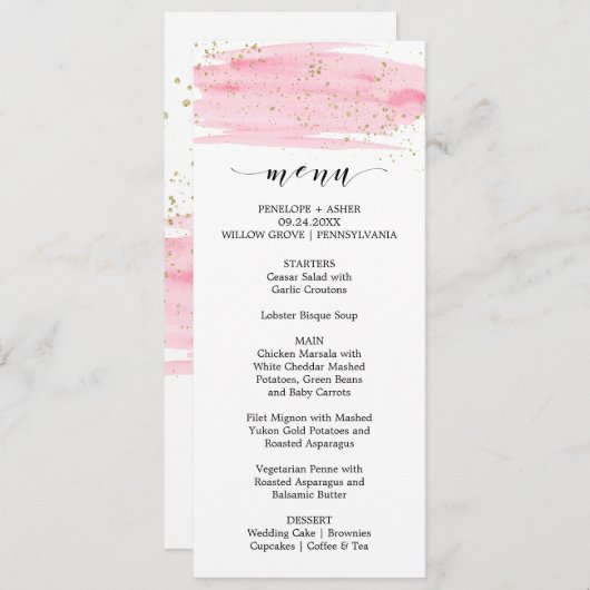 Menu Mariage Aquarelle Rose Blush & Gold Sparkt (Devant / Derrière)