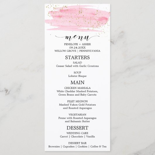 Menu Mariage Aquarelle Rose Blush & Gold Sparkt (Devant)