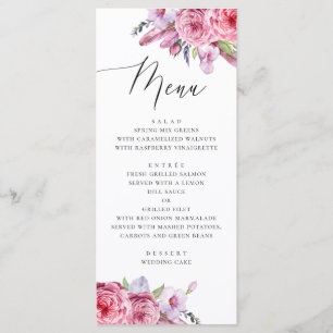 Menu Mariage aquarelle rose bohème floral et plumes