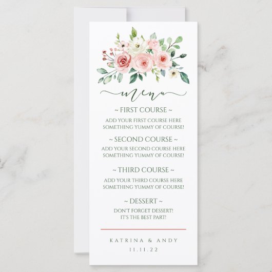 Menu Mariage Aquarelle Rose Rose (Devant)