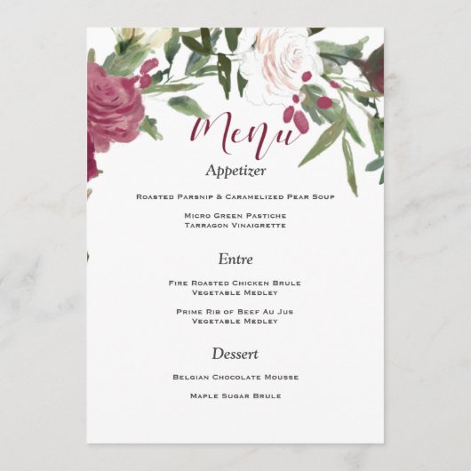 Menu mariage Aquarelle Roses blanches avec cannebe (Dos)