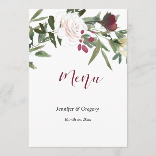 Menu mariage Aquarelle Roses blanches avec cannebe (Devant)