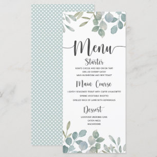 Menu Mariage aquarelle vert et blanc Eucalyptus rustiqu