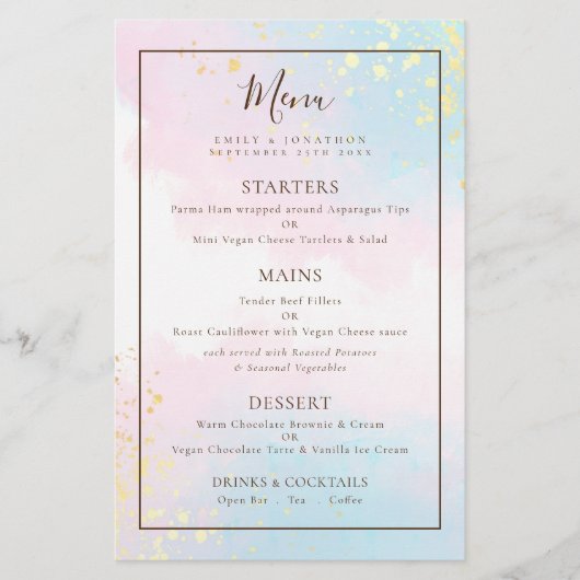 Menu Mariage Aquarelles Turquoises rose budget (Devant)