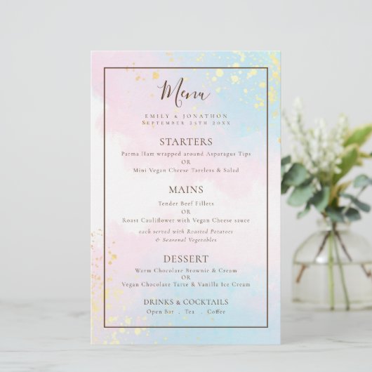 Menu Mariage Aquarelles Turquoises rose budget (Debout devant)