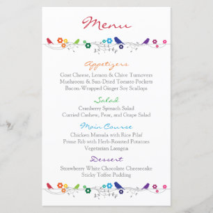 Menu Mariage Arc-en-ciel Oiseaux Fleurs
