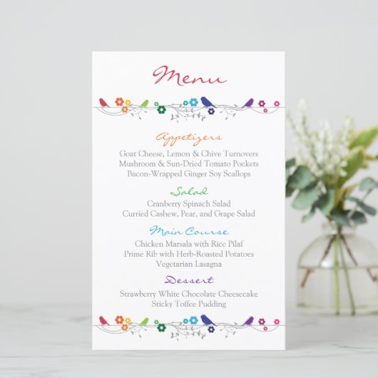 Menu Mariage Arc-en-ciel Oiseaux Fleurs (Debout devant)