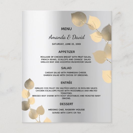 Menu mariage argent eucalyptus or (Devant)