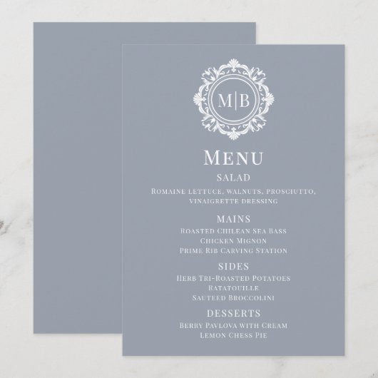 Menu Mariage Argent Monogramme Floral Orné (Devant / Derrière)