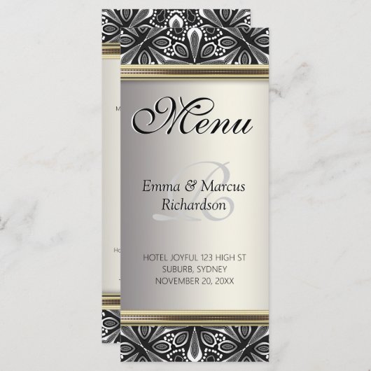 Menu Mariage Argent Noir Blanc Décor Exotique (Devant / Derrière)