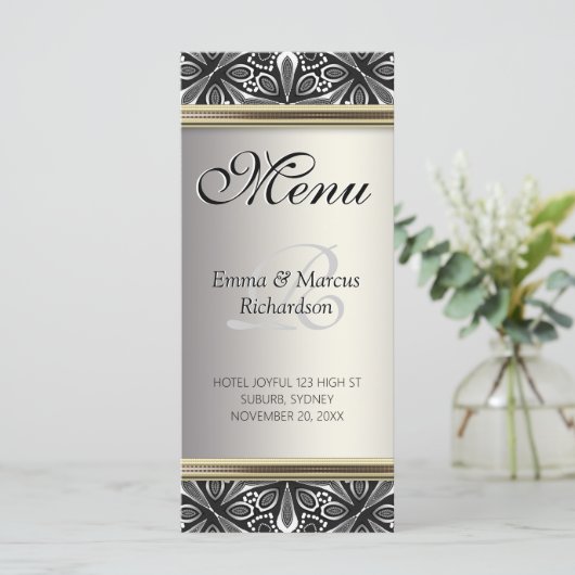 Menu Mariage Argent Noir Blanc Décor Exotique (Debout devant)