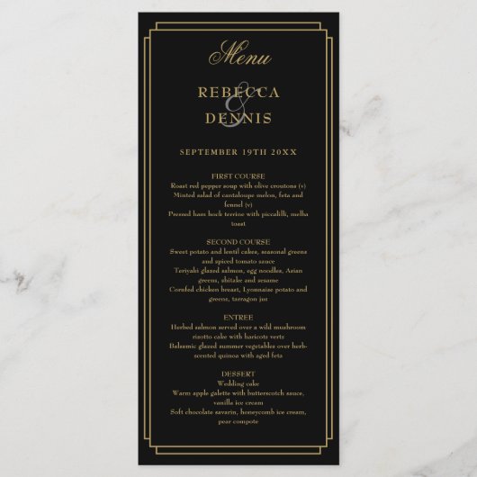 Menu Mariage Art Déco Classique Noir Et Or (Devant)