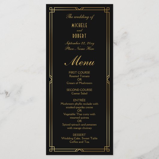 Menu Mariage Art Déco élégant Black Gold Frame (Devant)