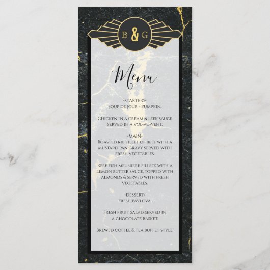 Menu Mariage Art déco en marbre d'or noir (Devant)