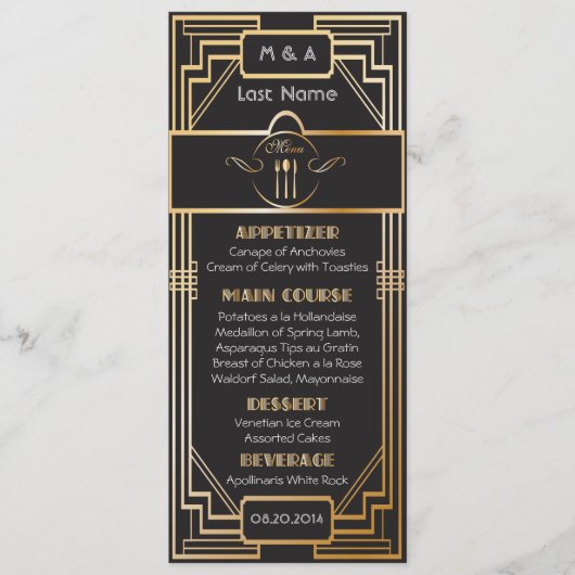 Menu Mariage Art Déco Gatsby noir et or (Devant)
