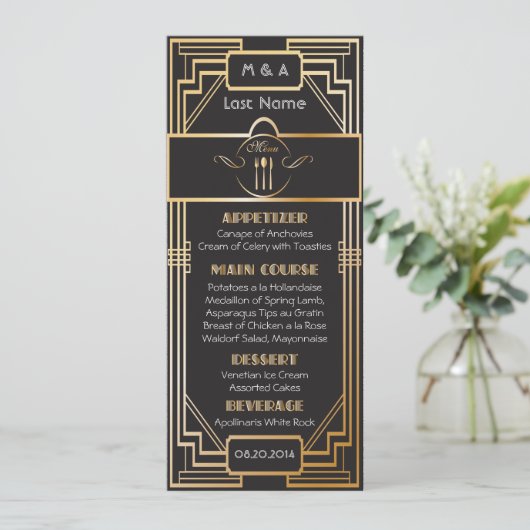 Menu Mariage Art Déco Gatsby noir et or (Debout devant)
