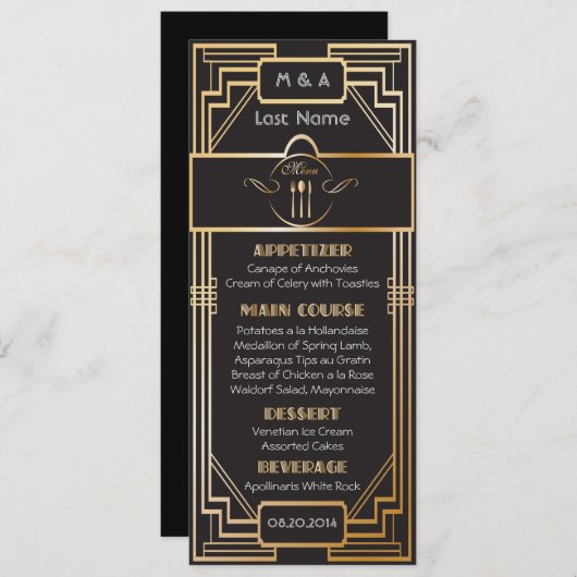 Menu Mariage Art Déco Gatsby noir et or (Devant / Derrière)