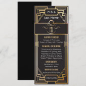 Menu Mariage Art Déco noir et or Gatsby (Devant / Derrière)
