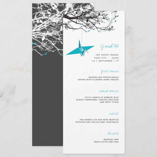 Menu Mariage asiatique de la grue en papier Turquoise (Devant / Derrière)