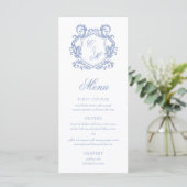 Menu Mariage au Blason de Monogramme Bleu Poussiéreux É (Debout devant)