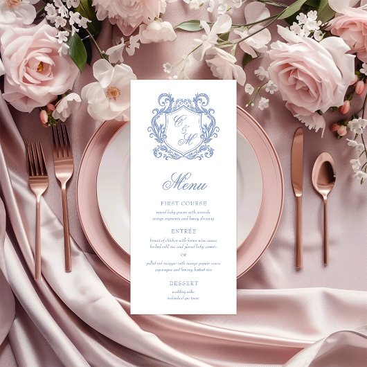 Menu Mariage au Blason de Monogramme Bleu Poussiéreux É
