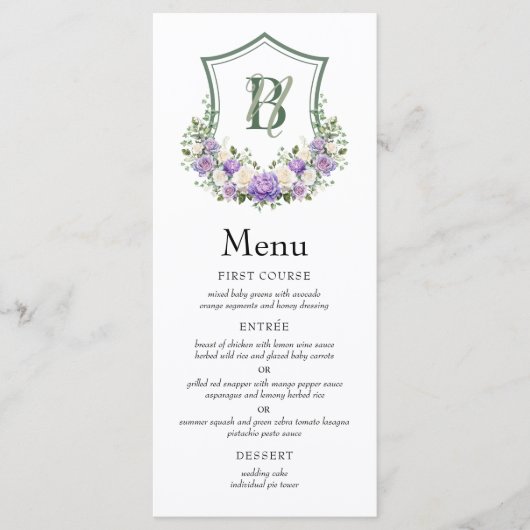 Menu Mariage au blason floral blanc violet (Devant)