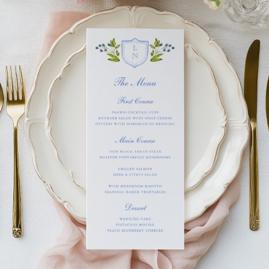 Menu Mariage au Blason Floral Bleu