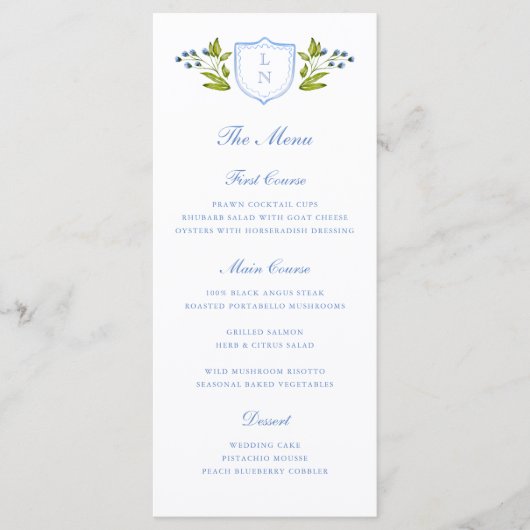 Menu Mariage au blason floral bleu (Devant)
