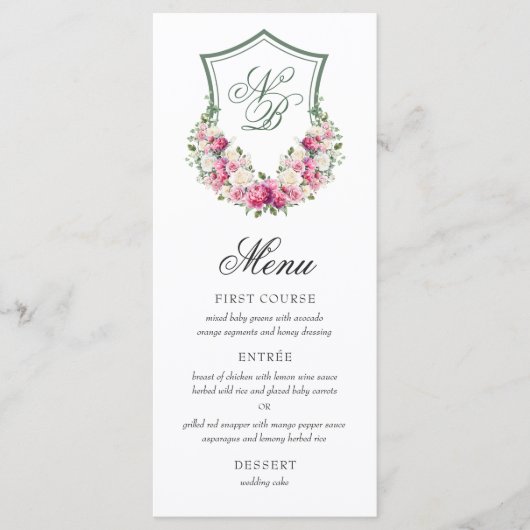 Menu Mariage au blason floral rose (Devant)