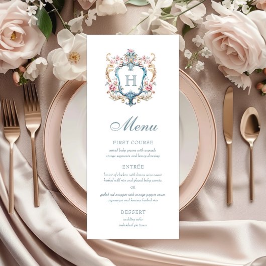 Menu Mariage au chandelier floral à monogramme vintage