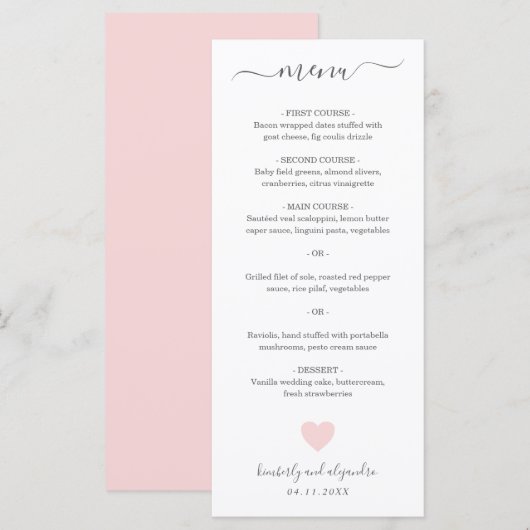 Menu Mariage au cœur rose mignon (Devant / Derrière)