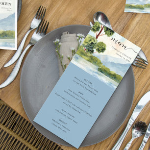 Menu Mariage au lac Evergreen aquarelle rose poudré